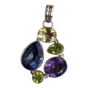 Multi color Gemstone Silver Pendant Artisan Crafted Jewelry Peridot Amethyst